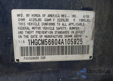 2004 Honda Accord 2.4 Ex из США, поврежденный, VIN 1HGCM56604A105925